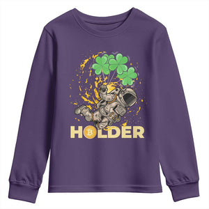 St Patricks Day Bitcoin Astronaut Youth Sweatshirt Lucky Shamrock Leprechaun BTC Crypto Holder TS10 Purple Print Your Wear