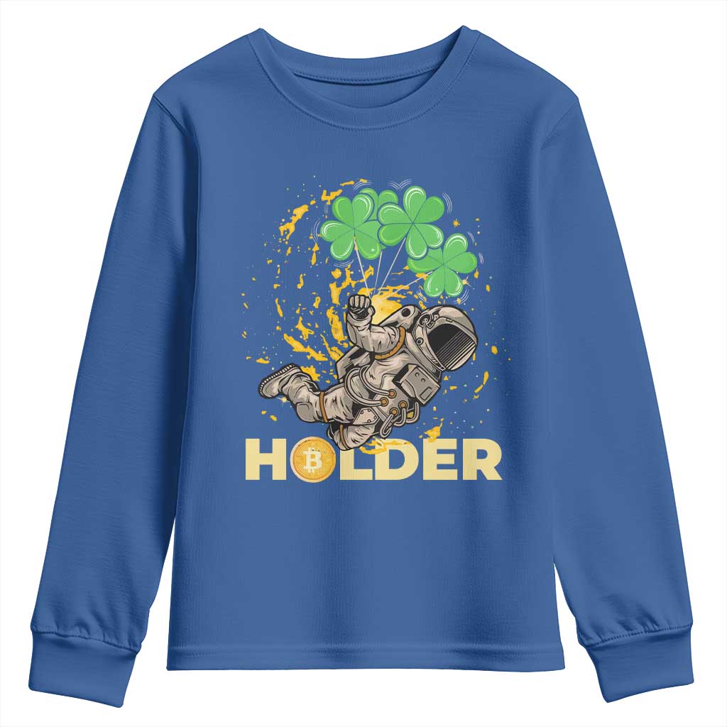 St Patricks Day Bitcoin Astronaut Youth Sweatshirt Lucky Shamrock Leprechaun BTC Crypto Holder TS10 Royal Blue Print Your Wear