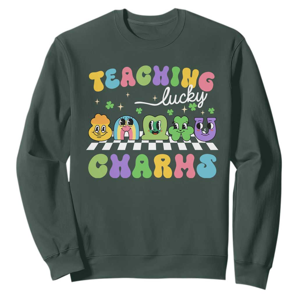 St Patricks Day Lucky Teacher Sweatshirt Teaching Lucky Charm Teachers TS10 Dark Forest Green Print Your Wear