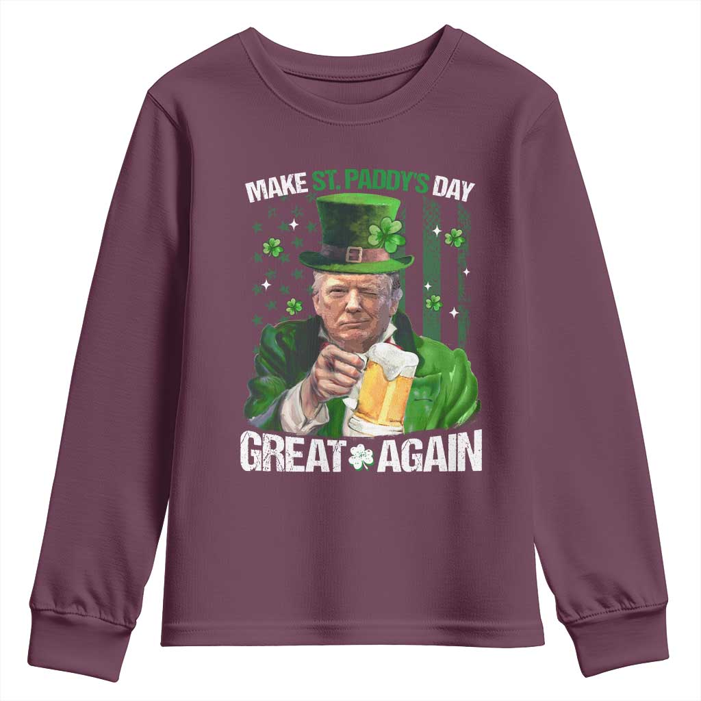 Funny Trump Make St. Paddy's Day Great Again Youth Sweatshirt Lucky Shamrock American Flag TS10 Maroon Print Your Wear