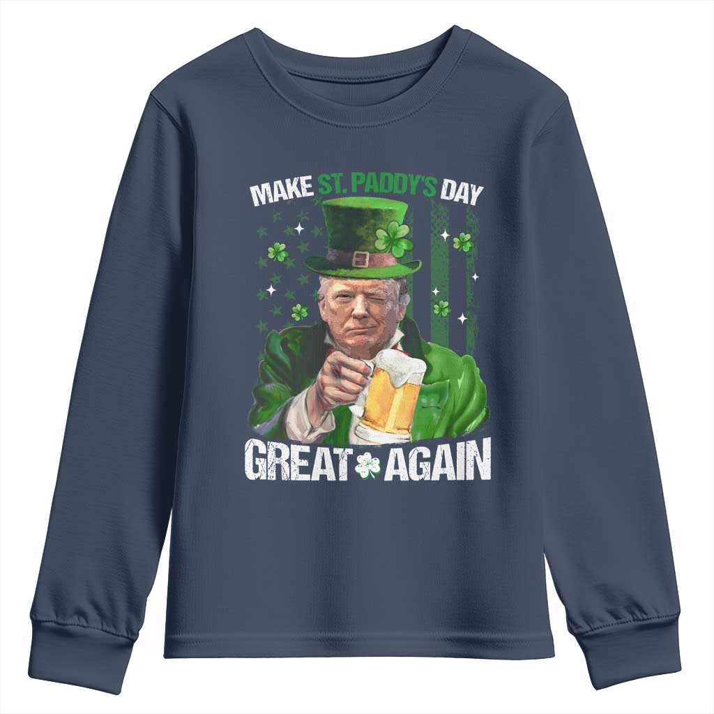 Funny Trump Make St. Paddy's Day Great Again Youth Sweatshirt Lucky Shamrock American Flag TS10 Navy Print Your Wear
