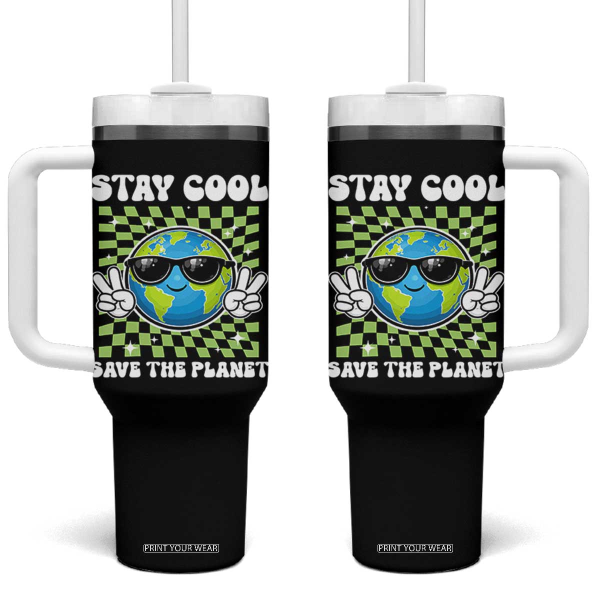 Groovy Earth Day Save The Planet Tumbler With Handle TS10 One Size: 40 oz Black Print Your Wear