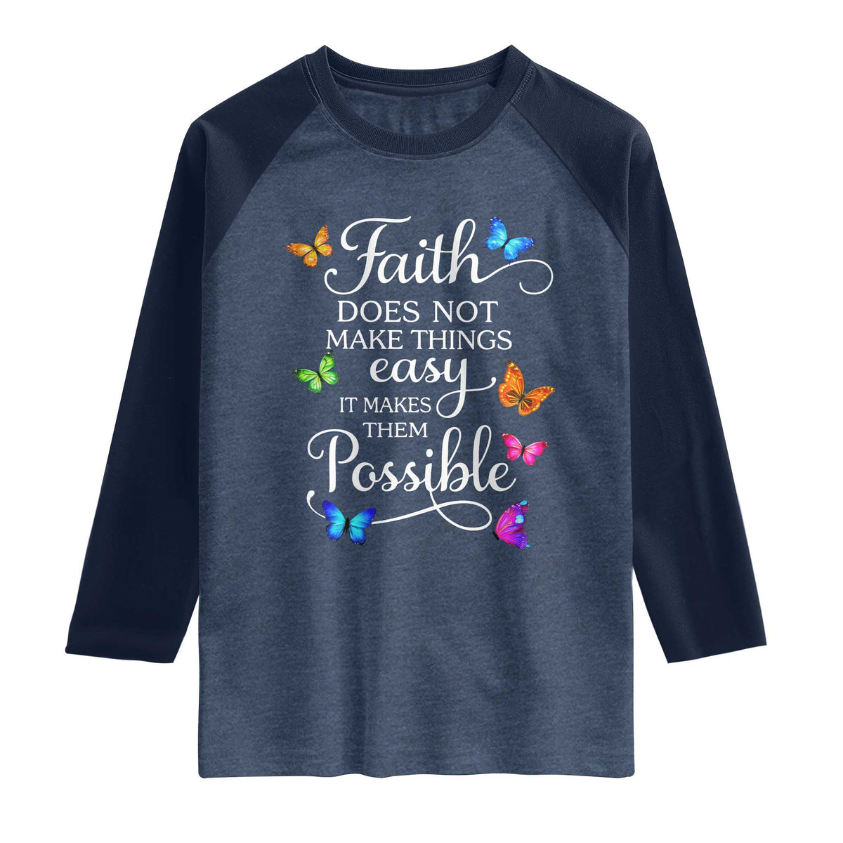 Christian Jesus Raglan Shirt Butterfly Art Bible Verse Printed Faith Blessed Inspirational Girl TS10 Heather Denim Navy Print Your Wear