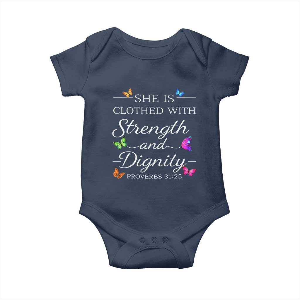 Christian Jesus Baby Onesie Strength Dignity Encouraging Bible Verse Proverb Butterfly Art TS10 Navy Print Your Wear