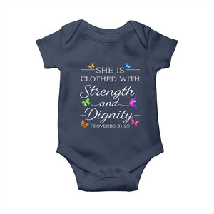 Christian Jesus Baby Onesie Strength Dignity Encouraging Bible Verse Proverb Butterfly Art TS10 Navy Print Your Wear