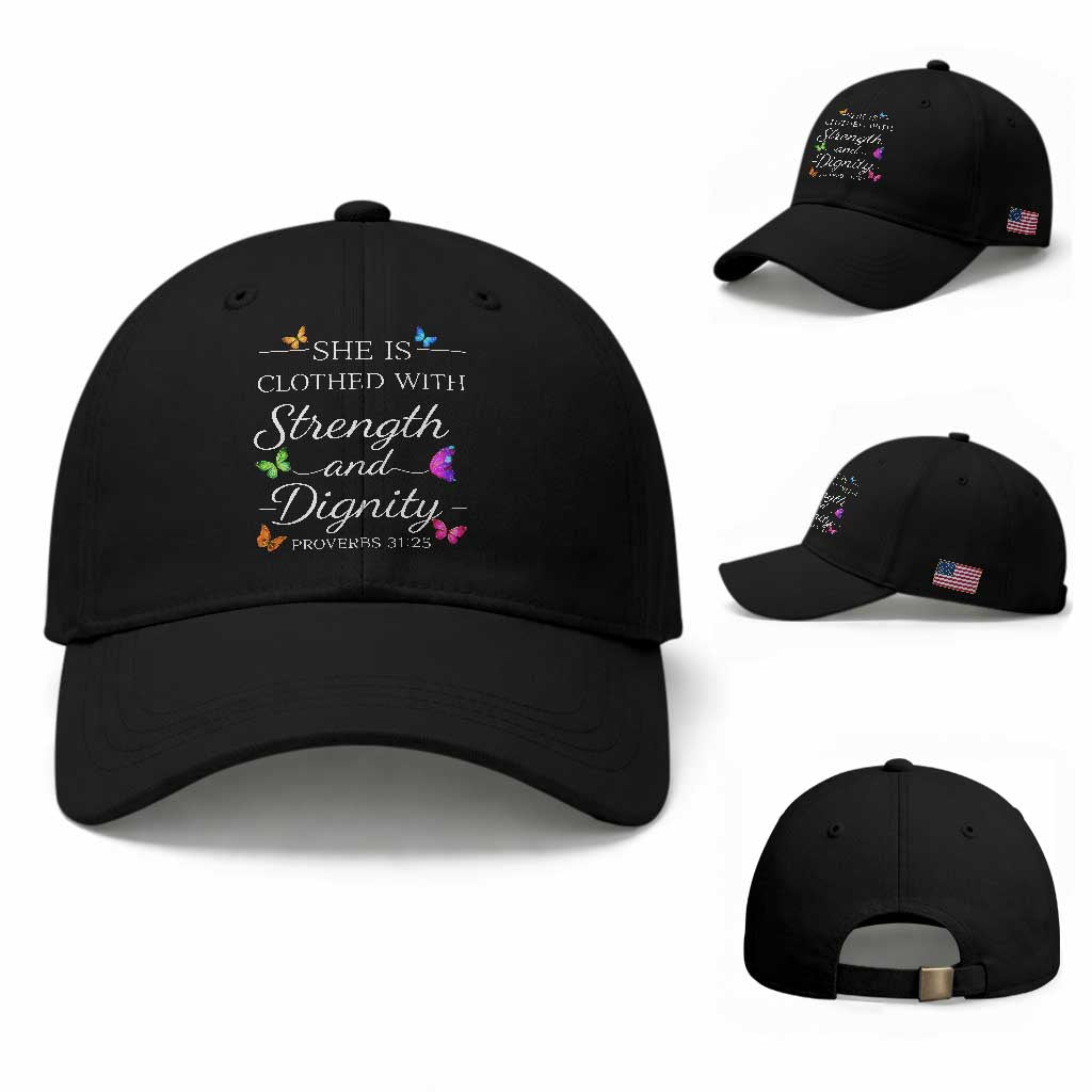Christian Jesus Baseball Cap Strength Dignity Encouraging Bible Verse Proverb Butterfly Art TS10 Baseball Cap Universal Fit Black Print Your Wear