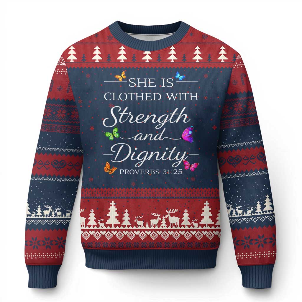 Christian Jesus Ugly Christmas Sweater Strength Dignity Encouraging Bible Verse Proverb Butterfly Art TS10 Navy Red Print Your Wear
