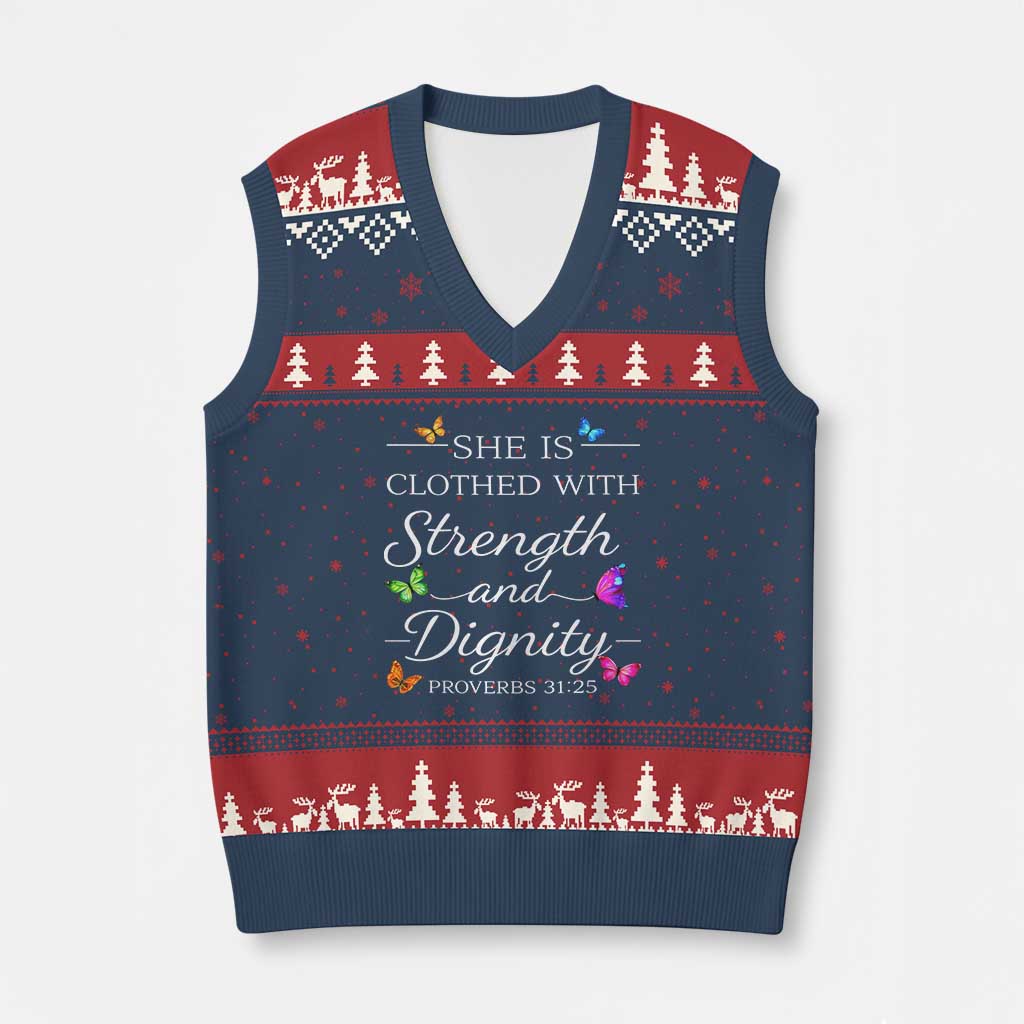 Christian Jesus V-Neck Knit Sweater Vest Strength Dignity Encouraging Bible Verse Proverb Butterfly Art TS10 Navy Red Print Your Wear
