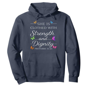 Christian Jesus Hoodie Strength Dignity Encouraging Bible Verse Proverb Butterfly Art TS10 Navy Print Your Wear