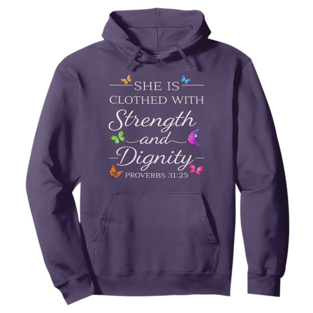 Christian Jesus Hoodie Strength Dignity Encouraging Bible Verse Proverb Butterfly Art TS10 Purple Print Your Wear