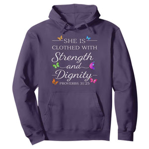Christian Jesus Hoodie Strength Dignity Encouraging Bible Verse Proverb Butterfly Art TS10 Purple Print Your Wear