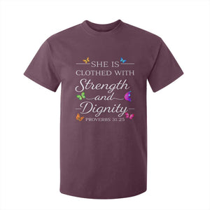 Christian Jesus T Shirt For Kid Strength Dignity Encouraging Bible Verse Proverb Butterfly Art TS10 Maroon Print Your Wear