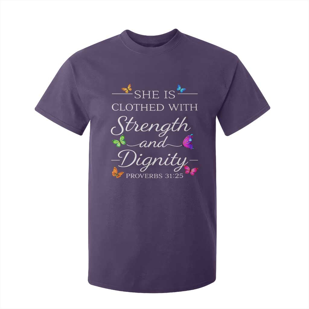 Christian Jesus T Shirt For Kid Strength Dignity Encouraging Bible Verse Proverb Butterfly Art TS10 Purple Print Your Wear