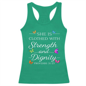 Christian Jesus Racerback Tank Top Strength Dignity Encouraging Bible Verse Proverb Butterfly Art TS10 Irish Green Print Your Wear