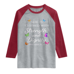 Christian Jesus Raglan Shirt Strength Dignity Encouraging Bible Verse Proverb Butterfly Art TS10 Heather Gray Heather Red Print Your Wear