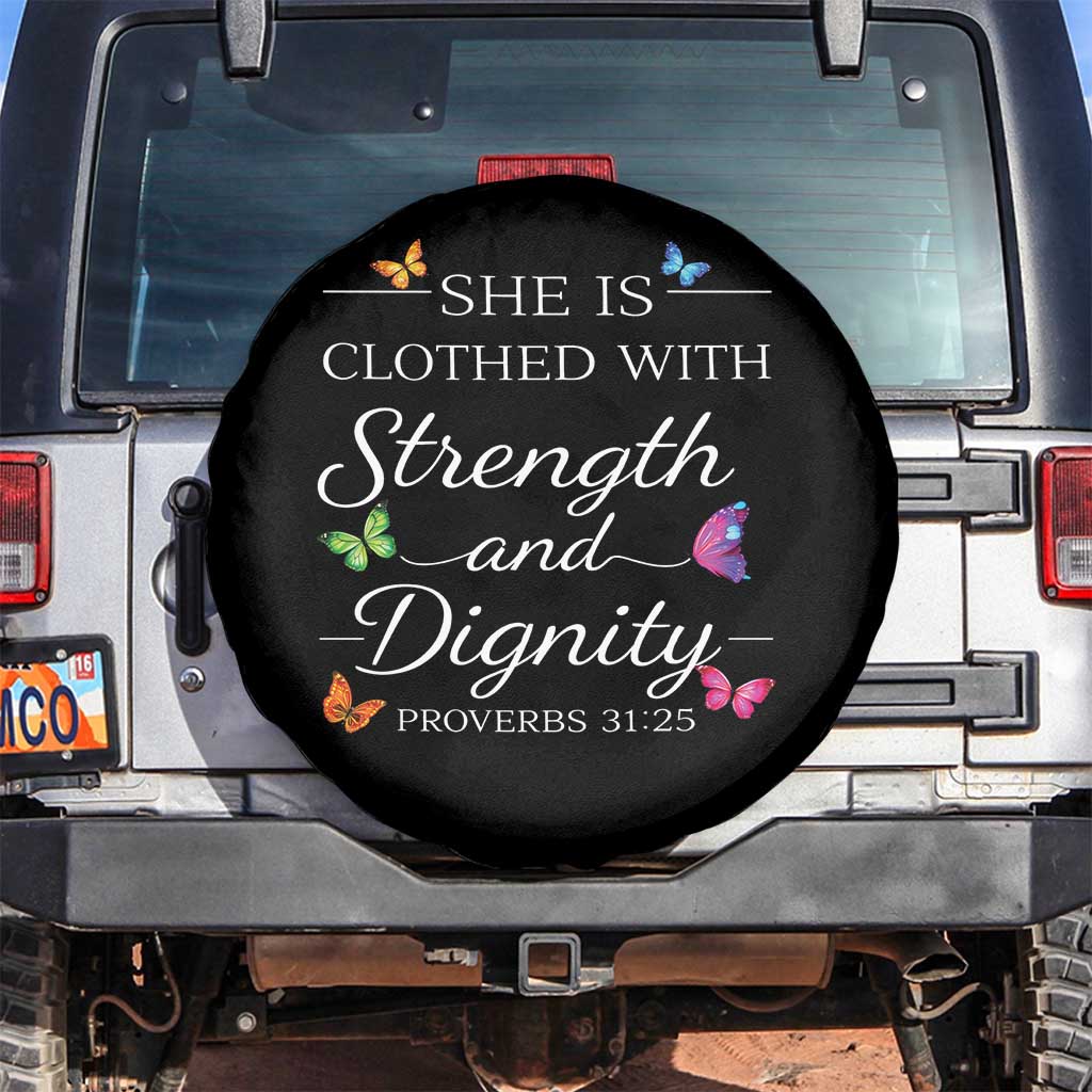 Christian Jesus Spare Tire Cover Strength Dignity Encouraging Bible Verse Proverb Butterfly Art TS10 No hole Black Print Your Wear