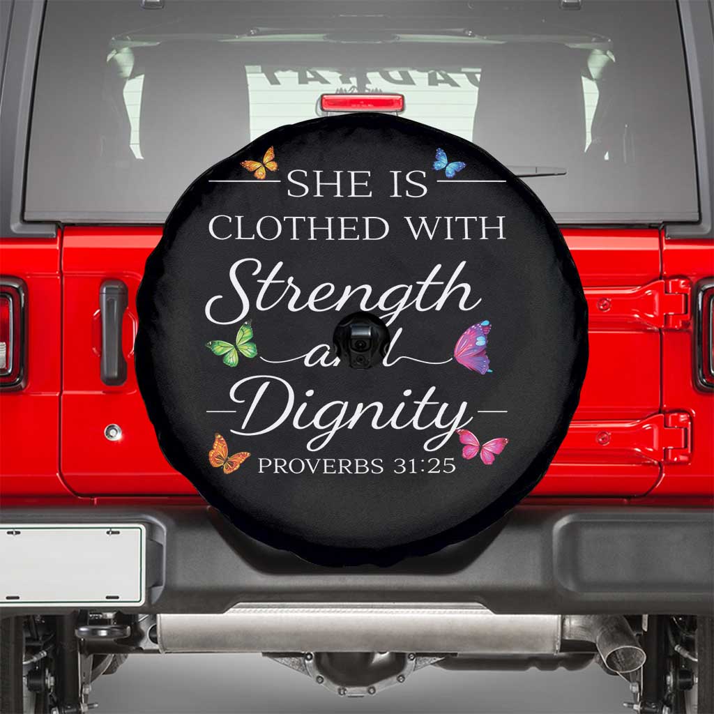 Christian Jesus Spare Tire Cover Strength Dignity Encouraging Bible Verse Proverb Butterfly Art TS10 Black Print Your Wear