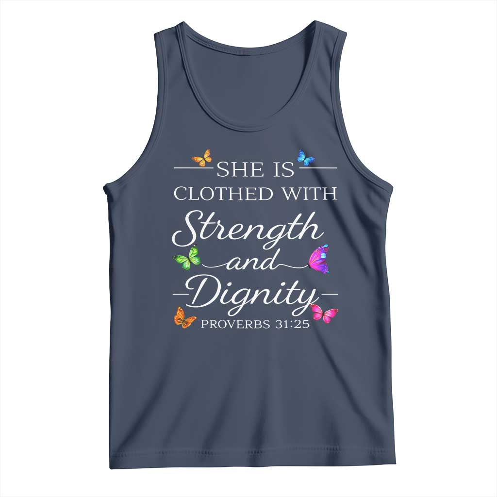 Christian Jesus Tank Top Strength Dignity Encouraging Bible Verse Proverb Butterfly Art TS10 Navy Print Your Wear