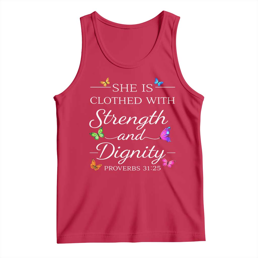 Christian Jesus Tank Top Strength Dignity Encouraging Bible Verse Proverb Butterfly Art TS10 Red Print Your Wear