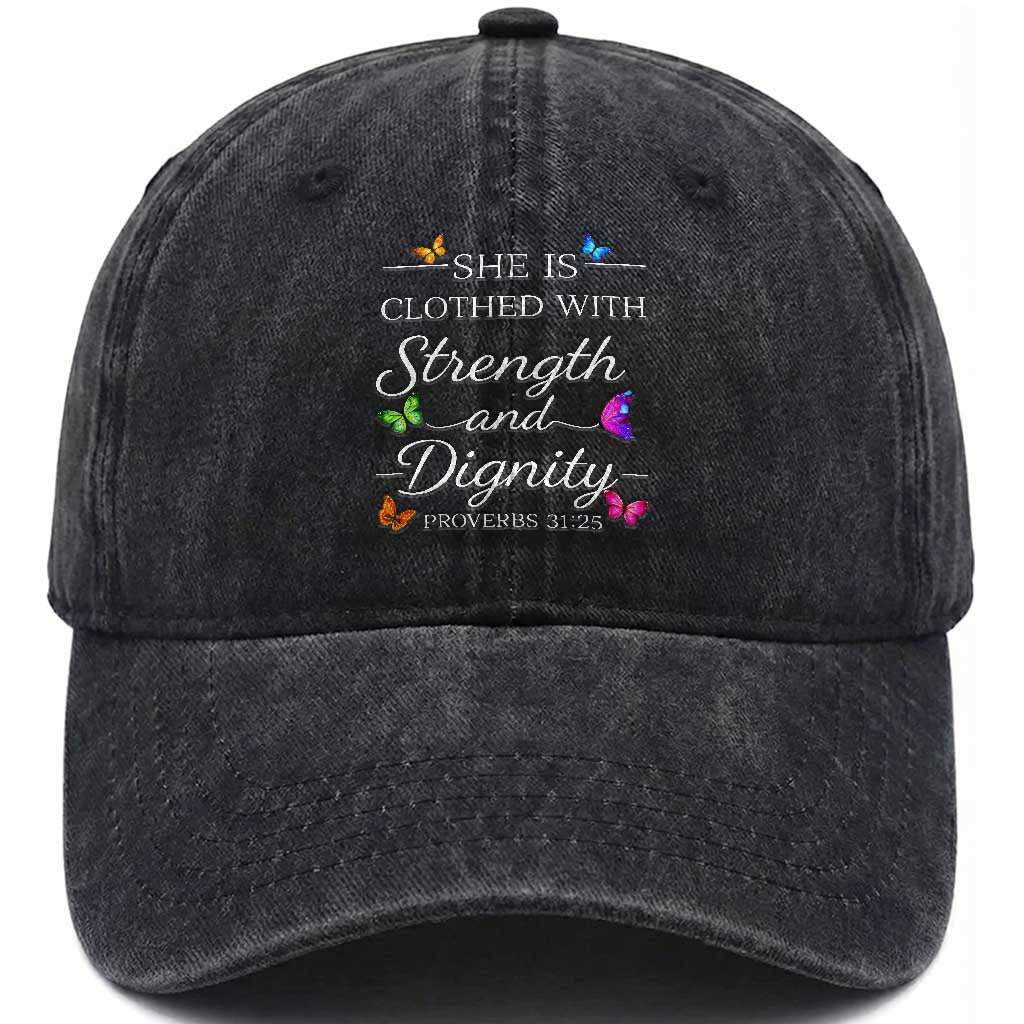 Christian Jesus Washed Cotton Baseball Cap Strength Dignity Encouraging Bible Verse Proverb Butterfly Art TS10 Print Your Wear
