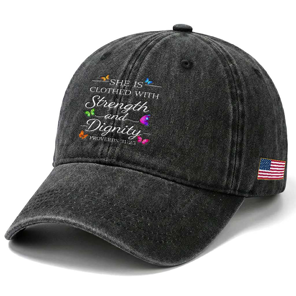 Christian Jesus Washed Cotton Baseball Cap Strength Dignity Encouraging Bible Verse Proverb Butterfly Art TS10 Print Your Wear