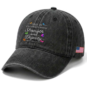 Christian Jesus Washed Cotton Baseball Cap Strength Dignity Encouraging Bible Verse Proverb Butterfly Art TS10 Print Your Wear