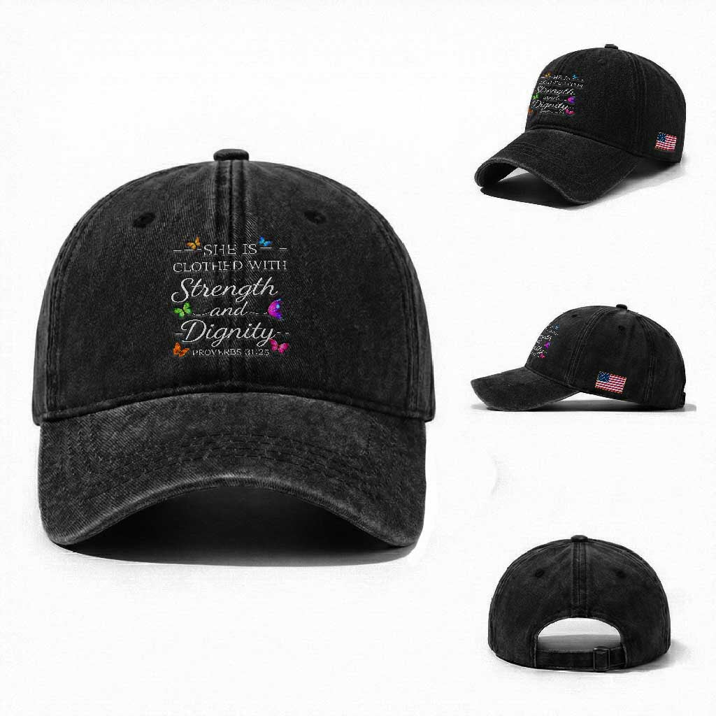 Christian Jesus Washed Cotton Baseball Cap Strength Dignity Encouraging Bible Verse Proverb Butterfly Art TS10 Washed Cap Universal Fit Black Print Your Wear