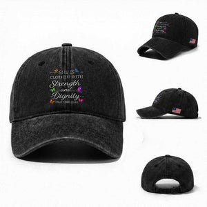 Christian Jesus Washed Cotton Baseball Cap Strength Dignity Encouraging Bible Verse Proverb Butterfly Art TS10 Washed Cap Universal Fit Black Print Your Wear
