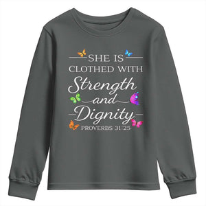 Christian Jesus Youth Sweatshirt Strength Dignity Encouraging Bible Verse Proverb Butterfly Art TS10 Dark Heather Print Your Wear