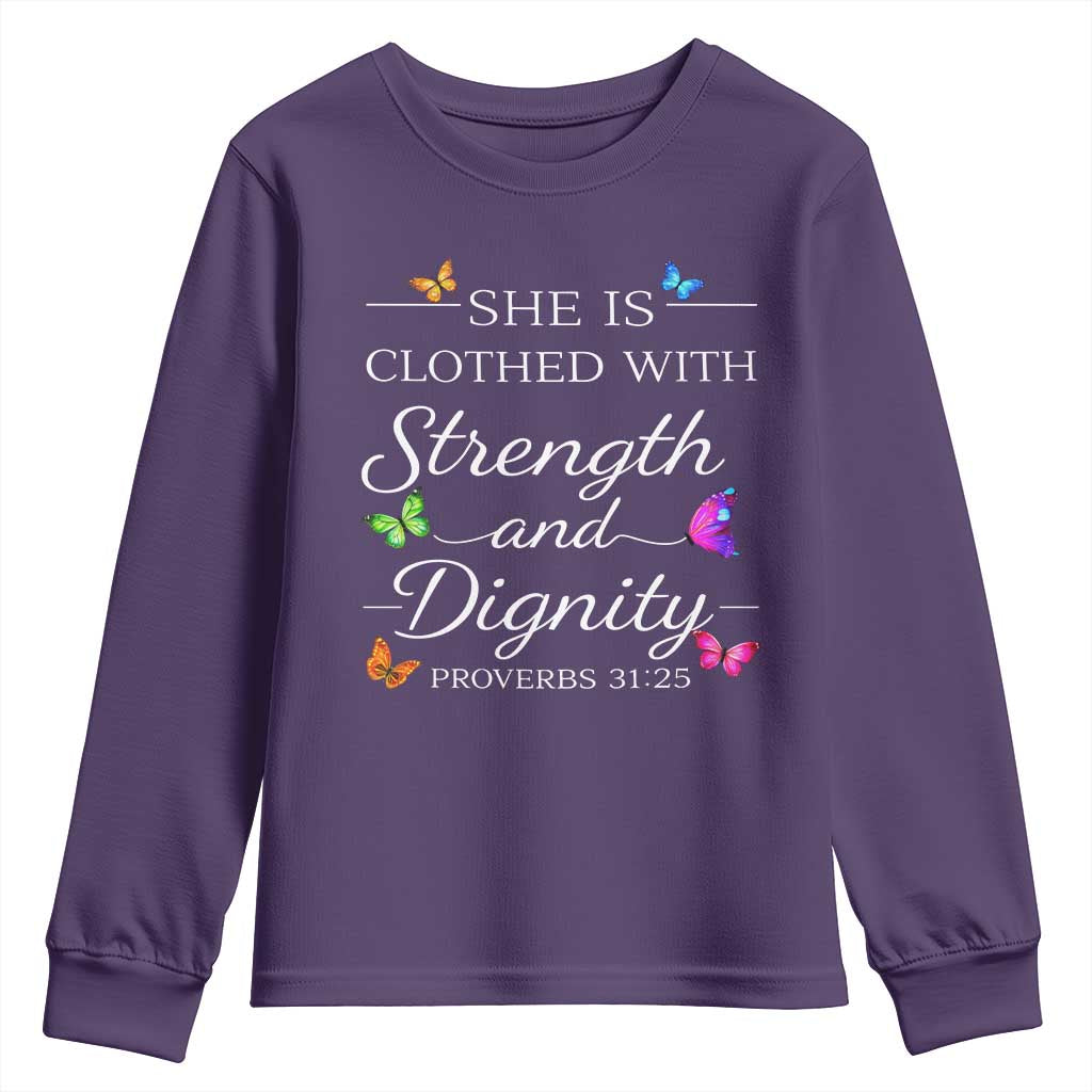 Christian Jesus Youth Sweatshirt Strength Dignity Encouraging Bible Verse Proverb Butterfly Art TS10 Purple Print Your Wear