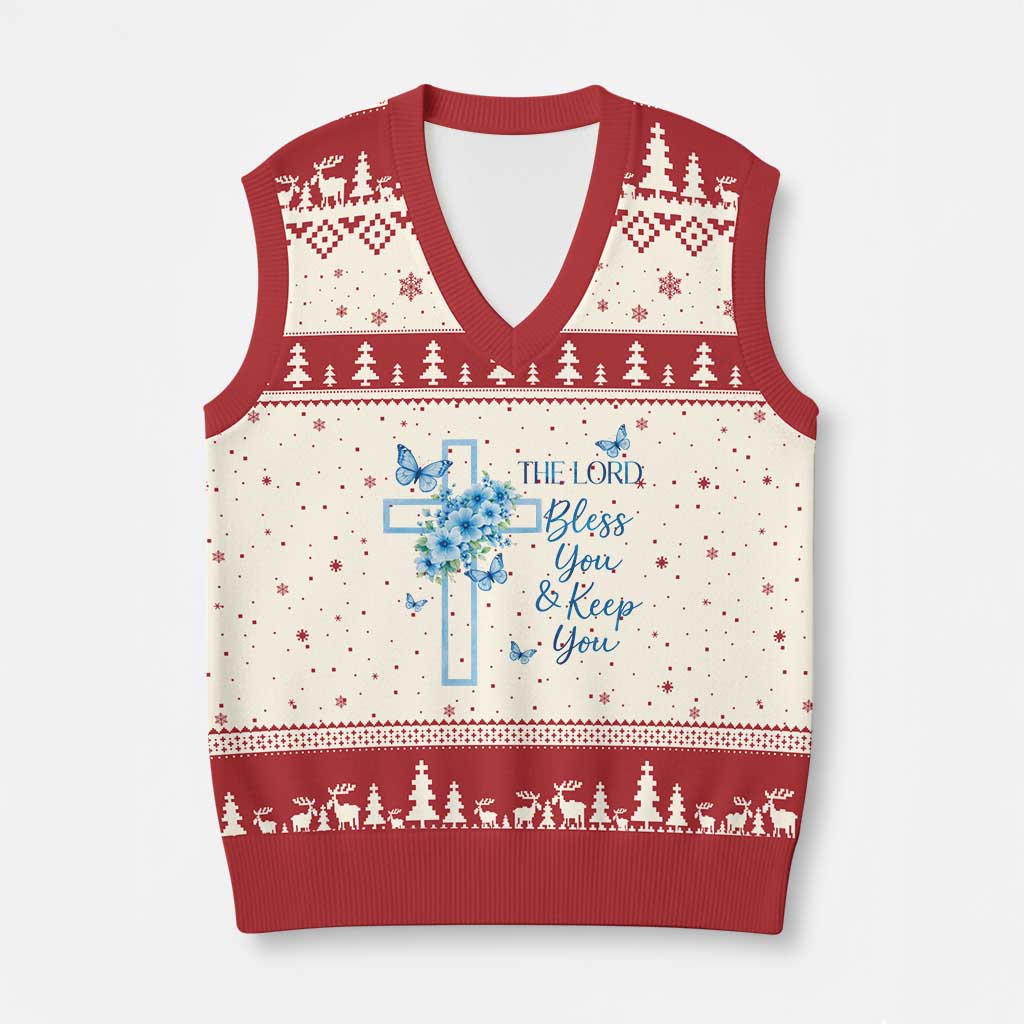 Christian Jesus V-Neck Knit Sweater Vest The Lord Bless You Encouraging Bible Verse Butterfly Art TS10 Beige Red Print Your Wear