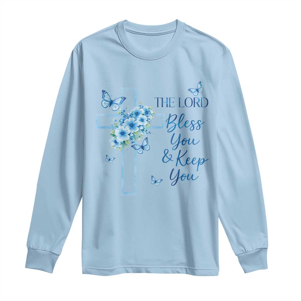Christian Jesus Long Sleeve Shirt The Lord Bless You Encouraging Bible Verse Butterfly Art TS10 Light Blue Print Your Wear