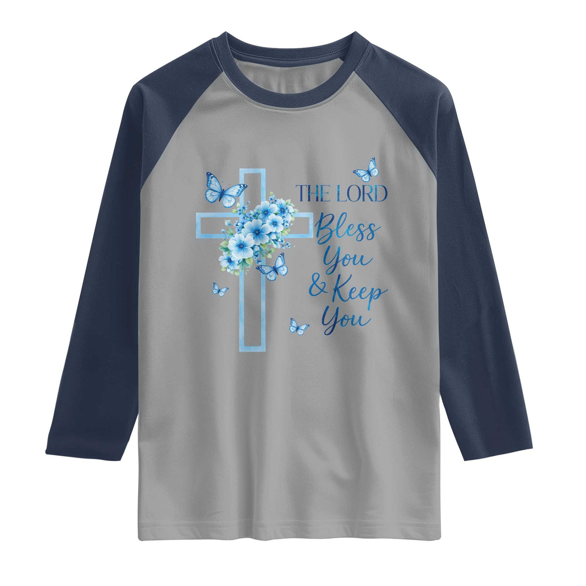 Christian Jesus Raglan Shirt The Lord Bless You Encouraging Bible Verse Butterfly Art TS10 Sport Gray Navy Print Your Wear