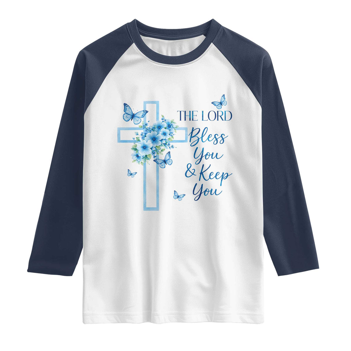 Christian Jesus Raglan Shirt The Lord Bless You Encouraging Bible Verse Butterfly Art TS10 White Navy Print Your Wear