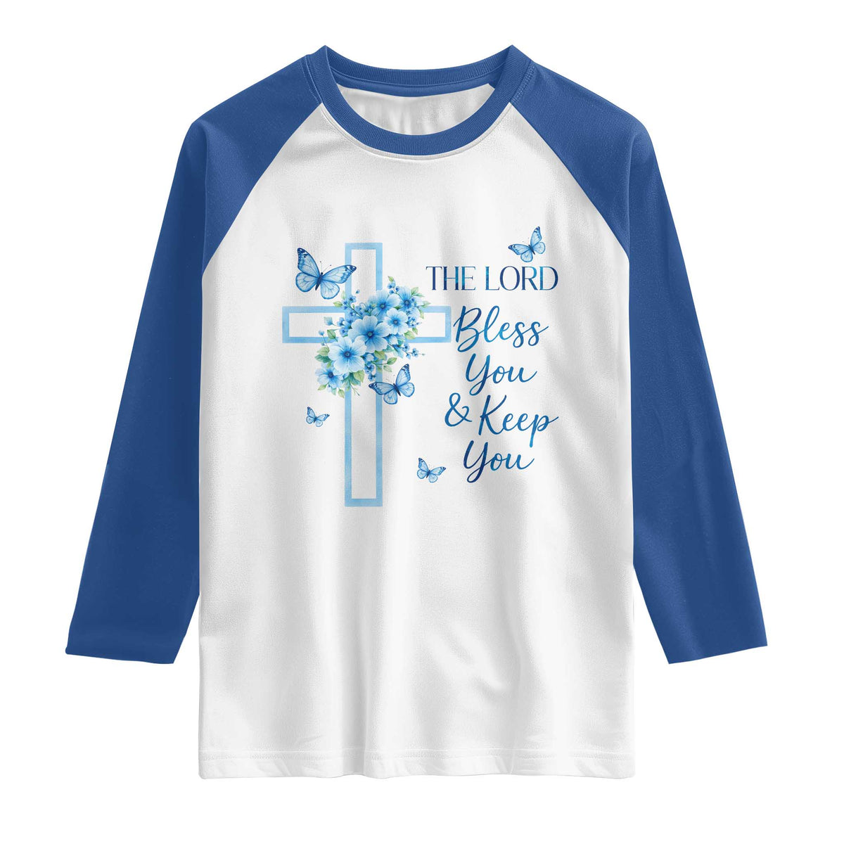 Christian Jesus Raglan Shirt The Lord Bless You Encouraging Bible Verse Butterfly Art TS10 White Royal Print Your Wear