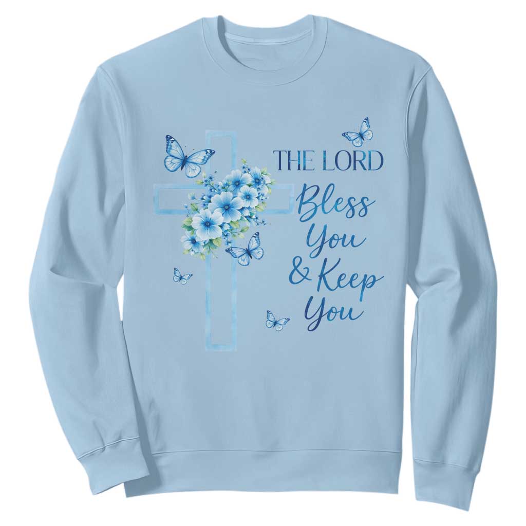 Christian Jesus Sweatshirt The Lord Bless You Encouraging Bible Verse Butterfly Art TS10 Light Blue Print Your Wear