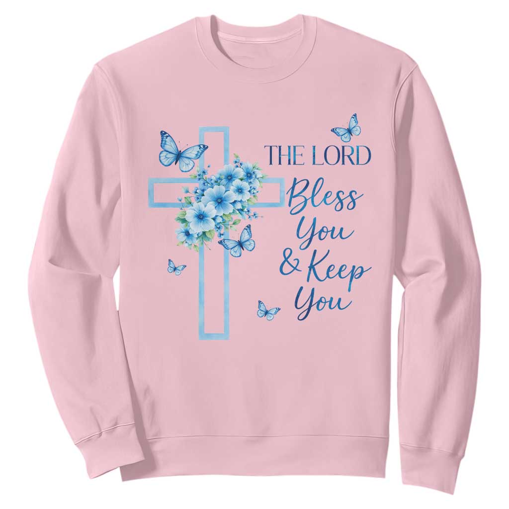 Christian Jesus Sweatshirt The Lord Bless You Encouraging Bible Verse Butterfly Art TS10 Light Pink Print Your Wear