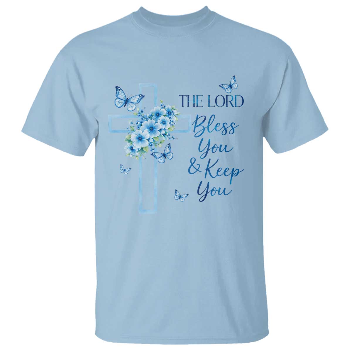 Christian Jesus T Shirt The Lord Bless You Encouraging Bible Verse Butterfly Art TS10 Light Blue Print Your Wear