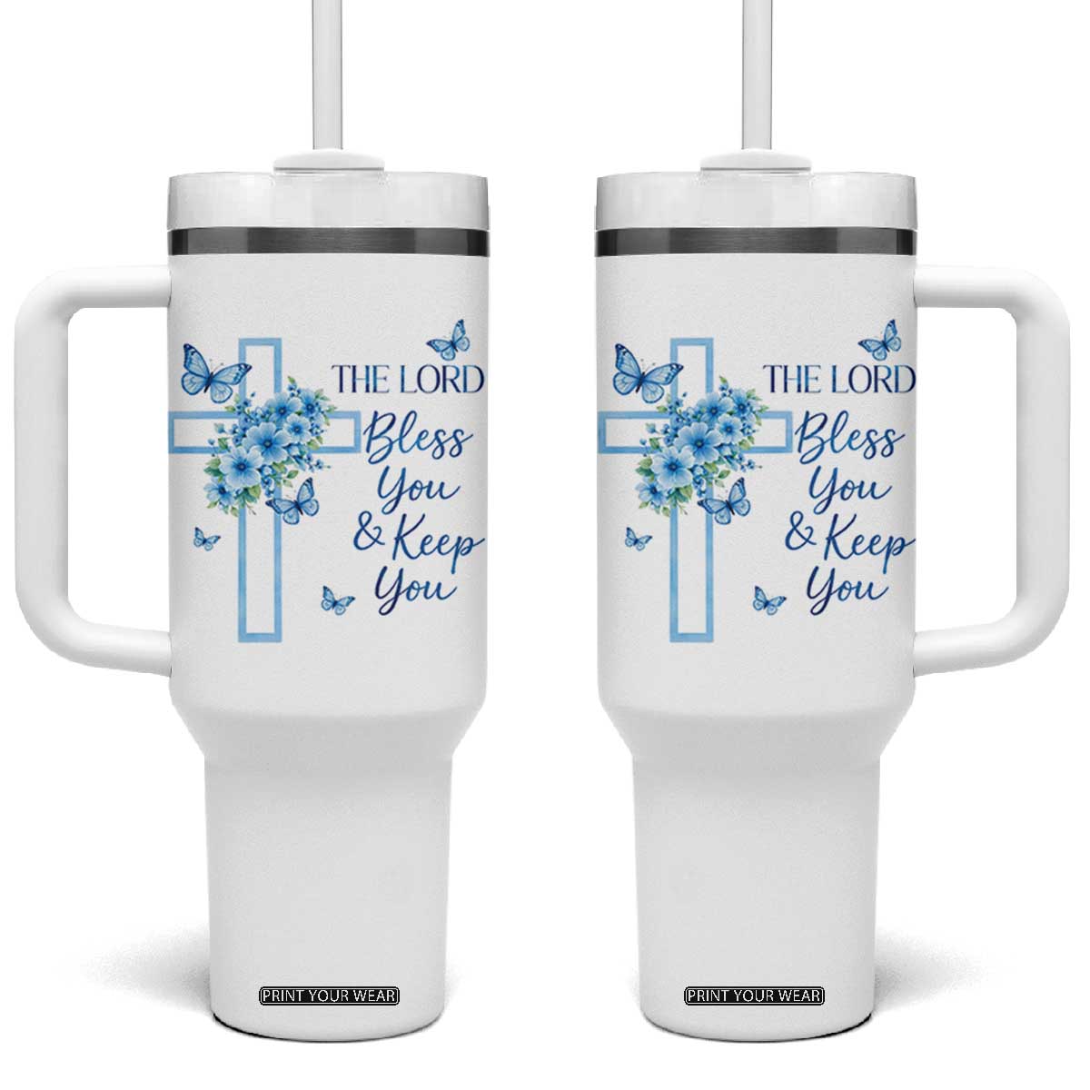 Christian Jesus Tumbler With Handle The Lord Bless You Encouraging Bible Verse Butterfly Art TS10 One Size: 40 oz White Print Your Wear