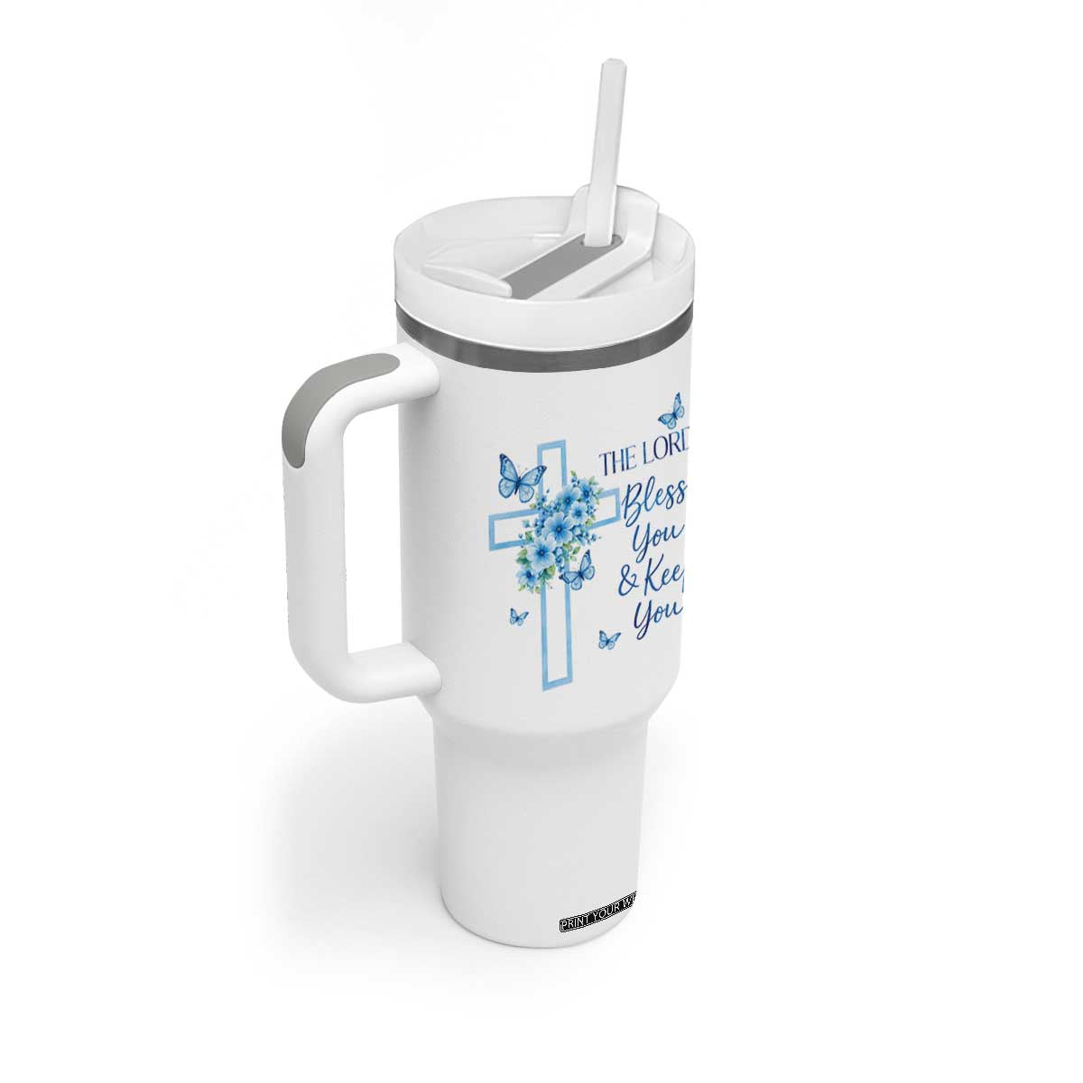 Christian Jesus Tumbler With Handle The Lord Bless You Encouraging Bible Verse Butterfly Art TS10 Print Your Wear