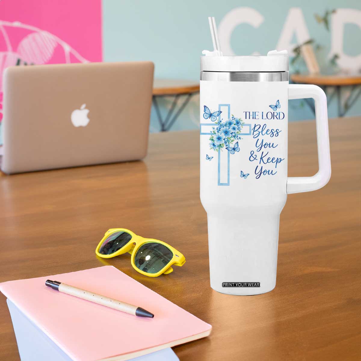 Christian Jesus Tumbler With Handle The Lord Bless You Encouraging Bible Verse Butterfly Art TS10 Print Your Wear