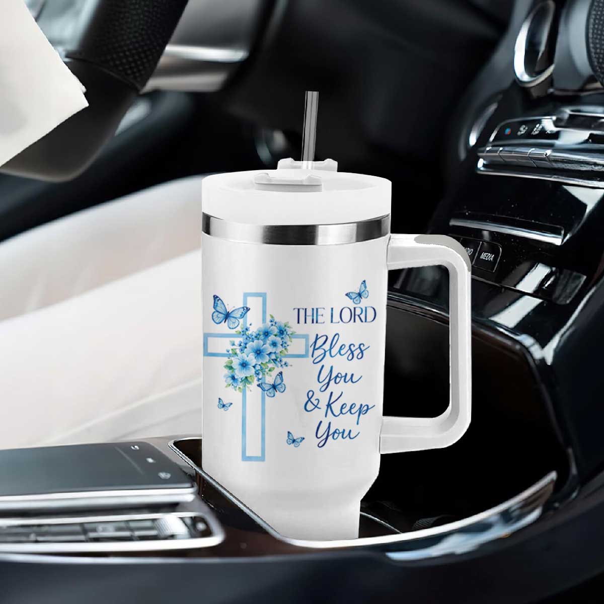 Christian Jesus Tumbler With Handle The Lord Bless You Encouraging Bible Verse Butterfly Art TS10 Print Your Wear