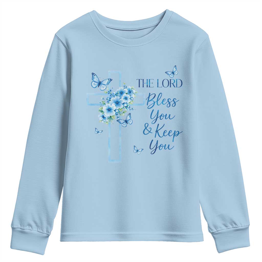 Christian Jesus Youth Sweatshirt The Lord Bless You Encouraging Bible Verse Butterfly Art TS10 Light Blue Print Your Wear