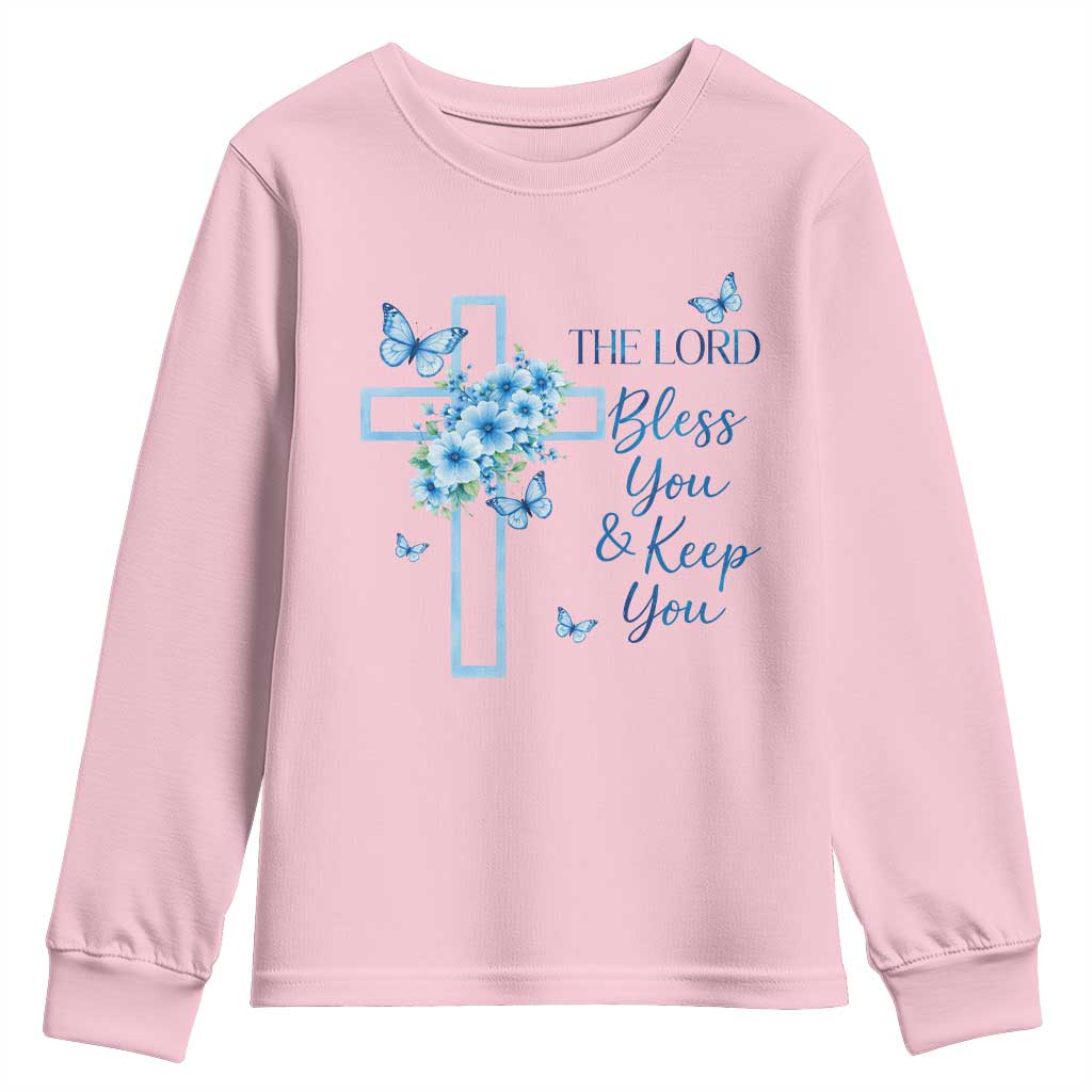 Christian Jesus Youth Sweatshirt The Lord Bless You Encouraging Bible Verse Butterfly Art TS10 Light Pink Print Your Wear