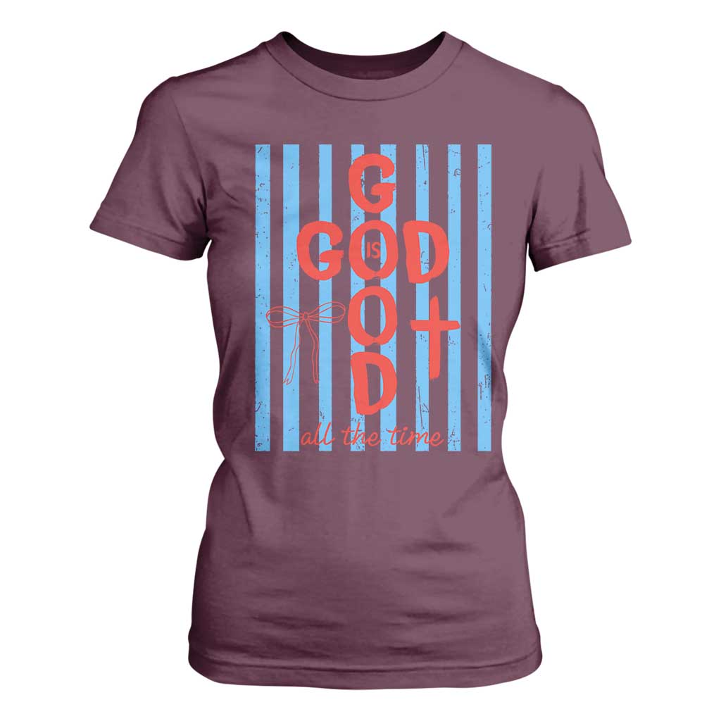 Christian Jesus Lovers T Shirt For Women Striped Preppy God Is Good All The Time TS10 Maroon Print Your Wear