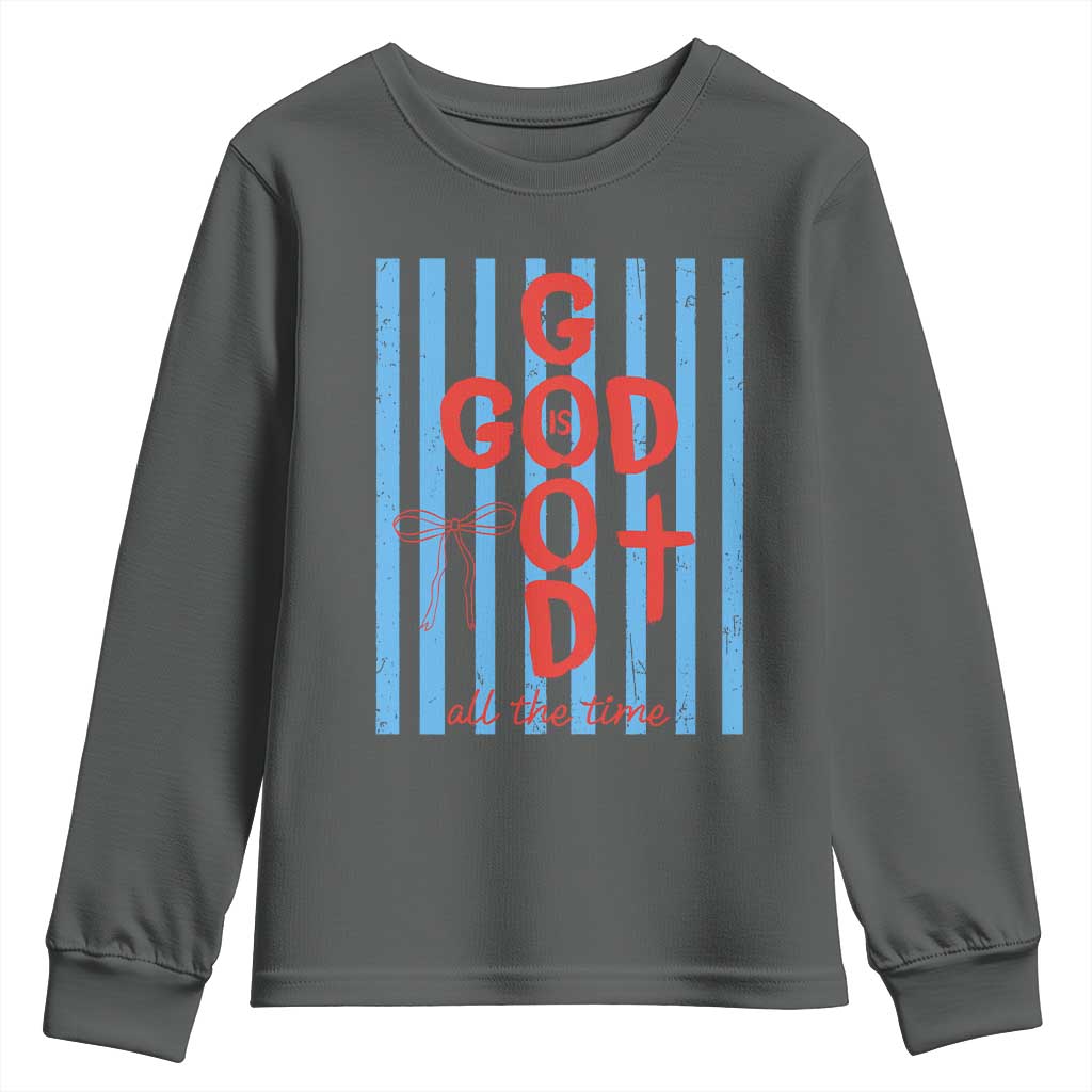 Christian Jesus Lovers Youth Sweatshirt Striped Preppy God Is Good All The Time TS10 Dark Heather Print Your Wear