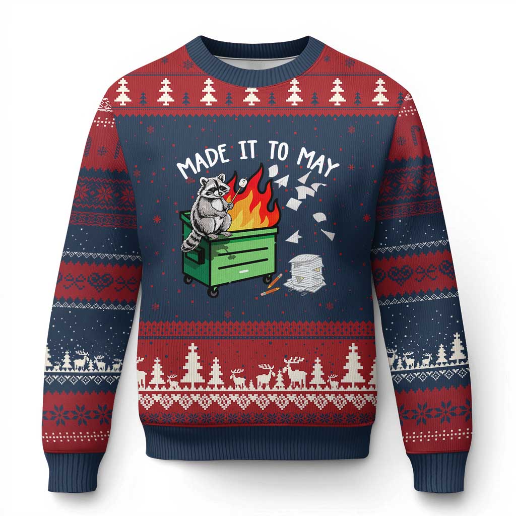 Last Day of School Ugly Christmas Sweater Funny Raccoon Dumpster Fire Made It To May Teacher TS10 Navy Red Print Your Wear