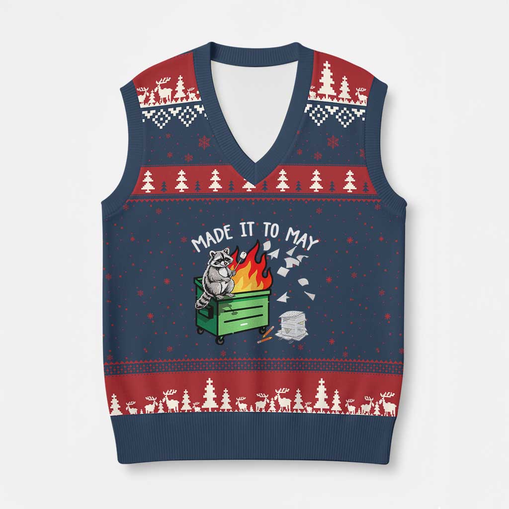 Last Day of School V-Neck Knit Sweater Vest Funny Raccoon Dumpster Fire Made It To May Teacher TS10 Navy Red Print Your Wear