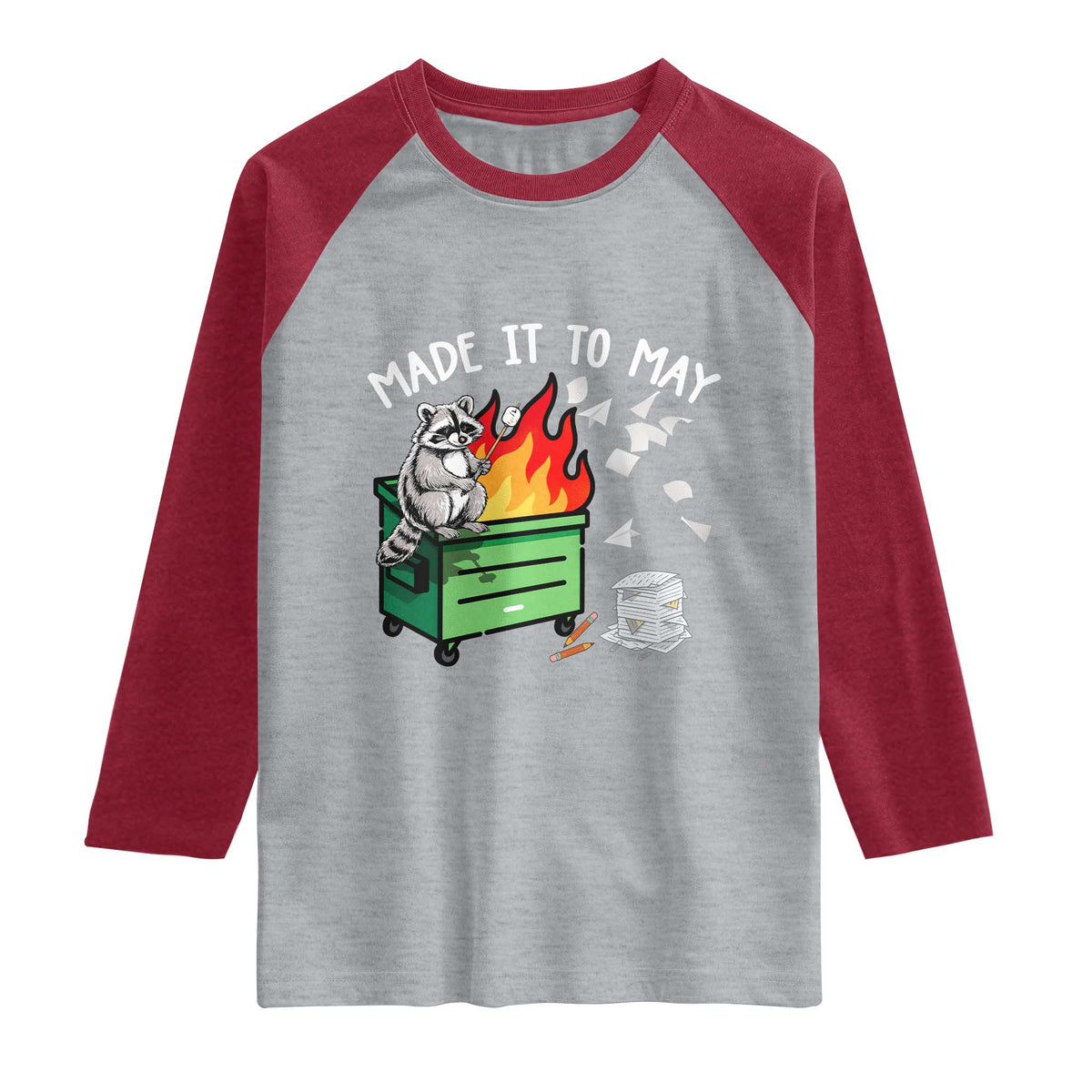 Last Day of School Raglan Shirt Funny Raccoon Dumpster Fire Made It To May Teacher TS10 Heather Gray Heather Red Print Your Wear