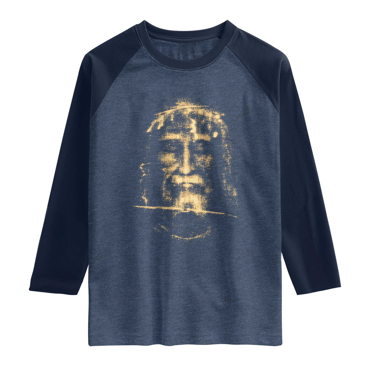 Shroud Of Turin Jesus Raglan Shirt Jesus Christ Face Religious Catholic Christian Faith TS10 Heather Denim Navy Print Your Wear